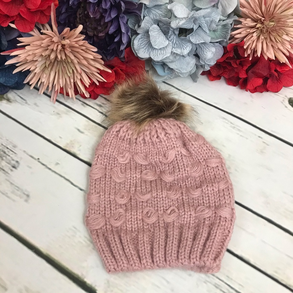 Baby/Toddler Pink Knit Beanie with Fur Pom Pom - Picture 3 of 6